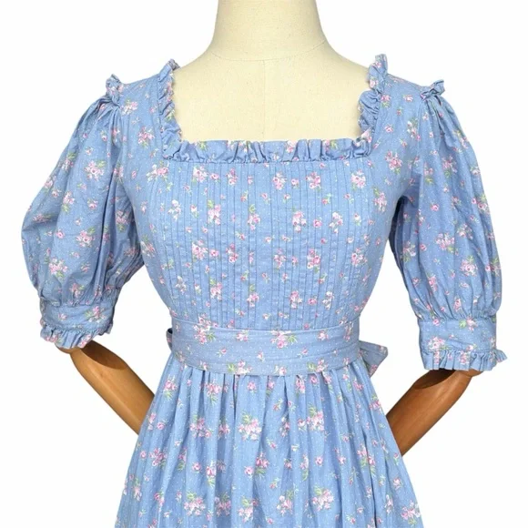 RARE Laura Ashley Blue Floral Cotton Puff Sleeve Cottagecore Prairie Midi Dress - Picture 4 of 10